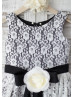 Ivory And Black Lace Knee Length Flower Girl Dress With Flower Sash
